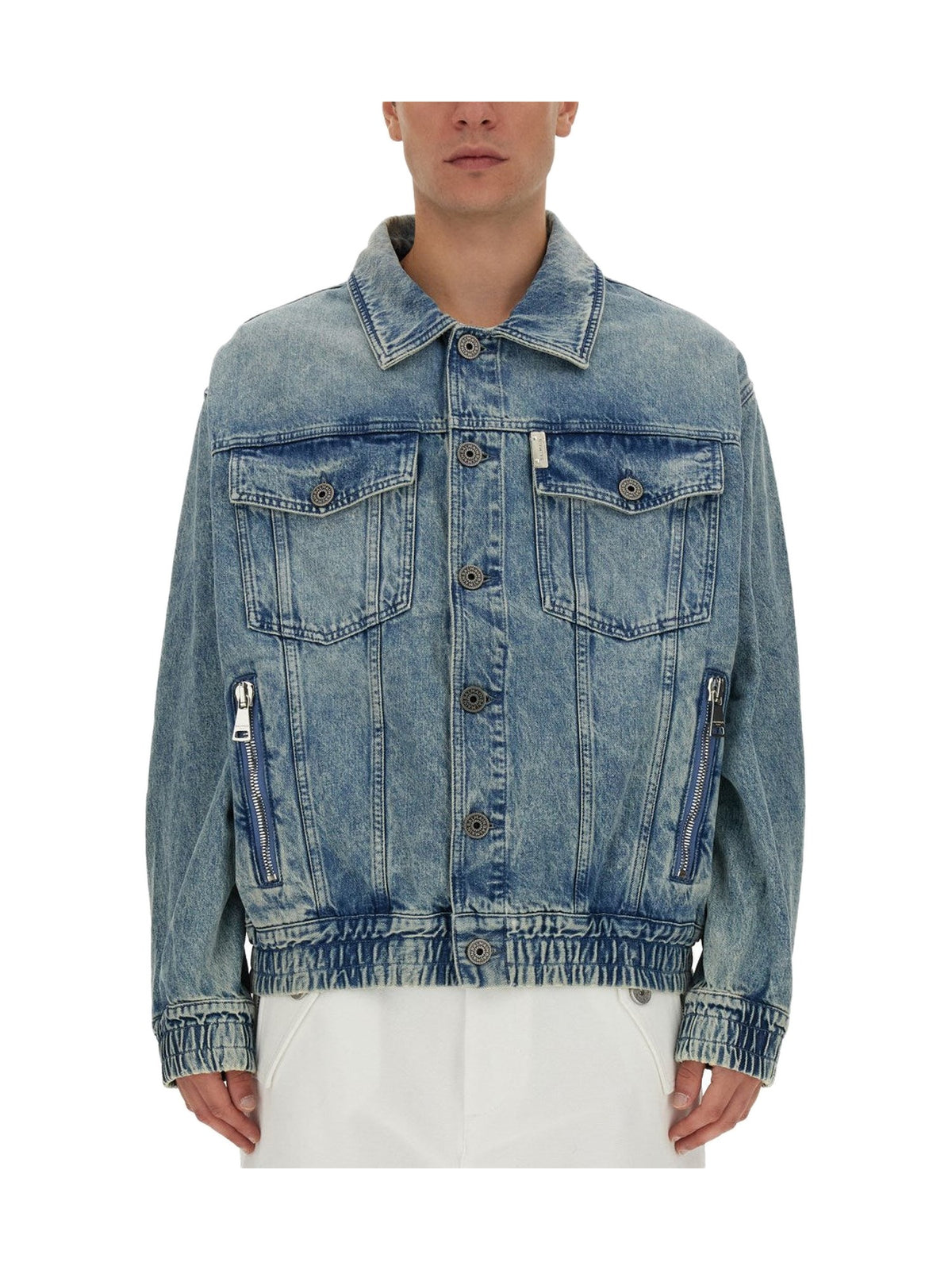 Balmain Washed Denim Jacket with Zip Pockets
