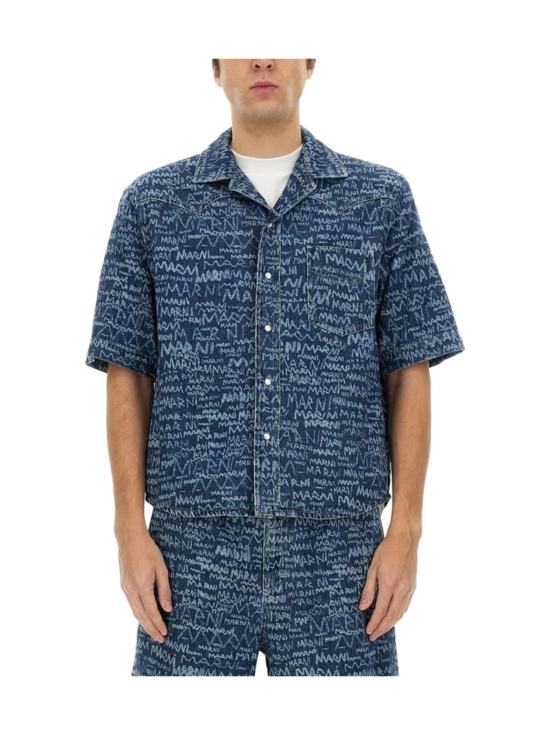 Marni Denim Bowling Shirt with Scribble Logo Print