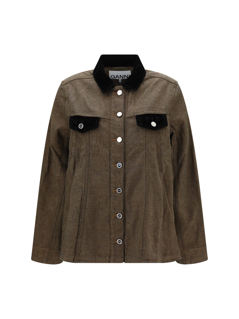GANNI Neppy Denim Overshirt with Velvet Collar