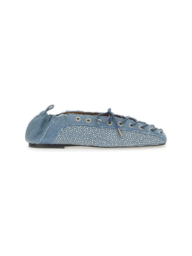 GANNI Lace-Up Ballerina in Denim