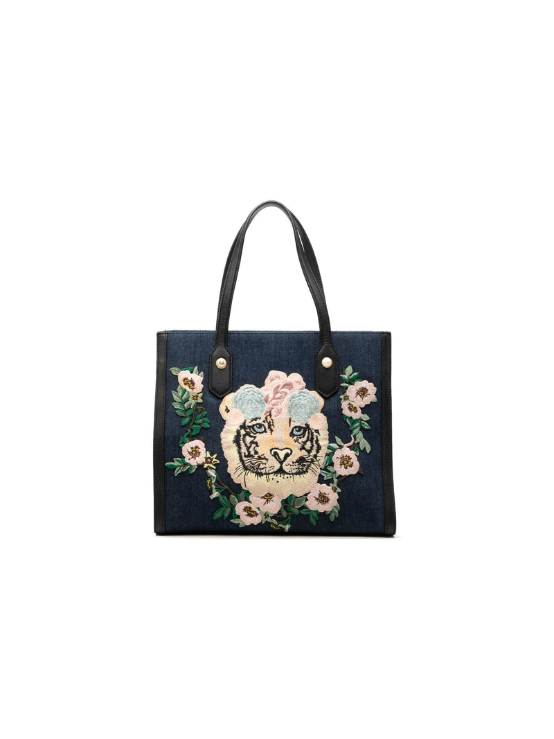 Gucci Denim Tote Bag With Tiger Embroidery (Pre-Owned)