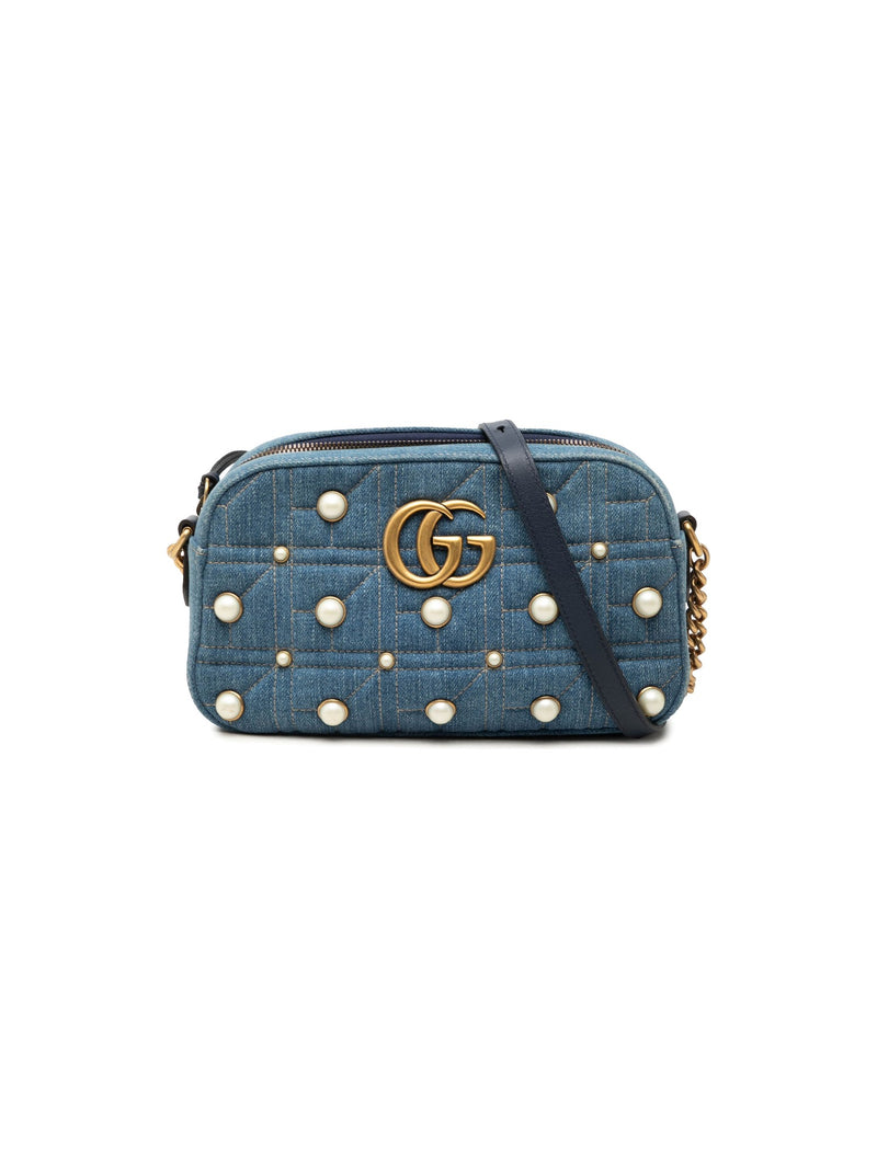 Gucci Crossbody Bag GG Marmont Pearl Studded Denim (Pre-Owned)