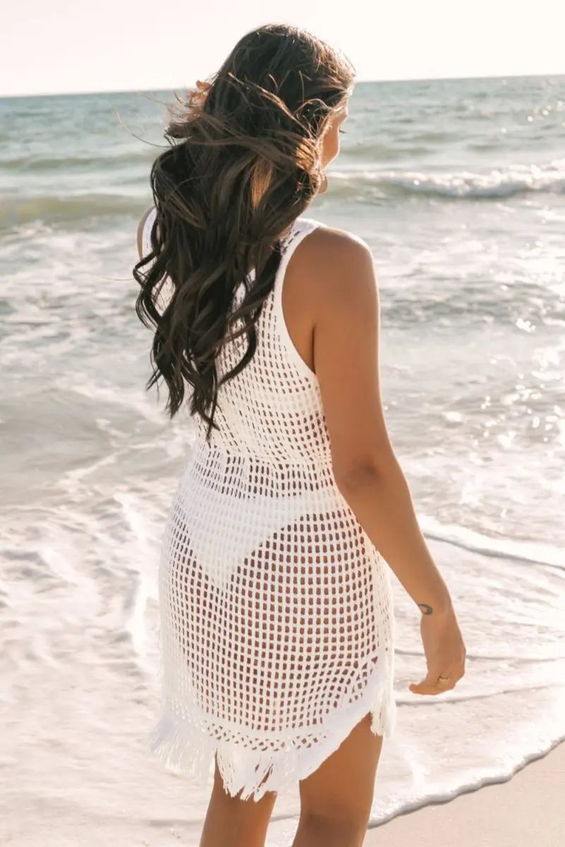 Women's Crochet Cover-Up - White Knit Top with Fringe - Boho Beach Vacation