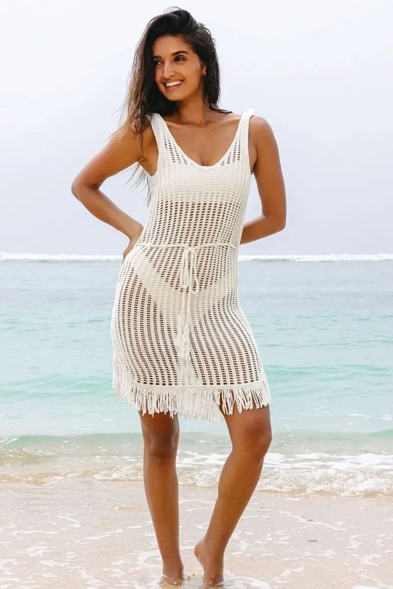 Women's Crochet Cover-Up - White Knit Top with Fringe - Boho Beach Vacation