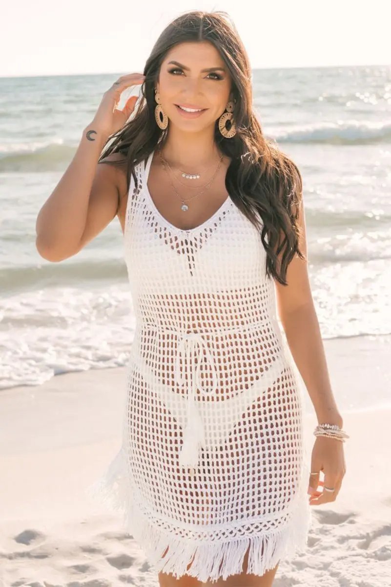 Women's Crochet Cover-Up - White Knit Top with Fringe - Boho Beach Vacation