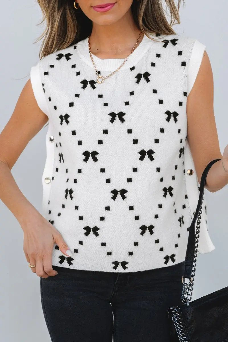 Love Salve White Bow Cropped Sweater Vest Women's Daily Southern Belle Sleeveless Top