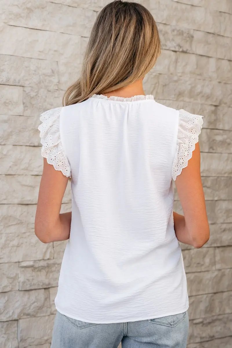 Love Salve White Embroidered Blouse Women's Daily Textured Top: Ruffle Trim, Summer