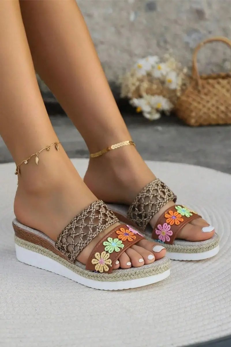 Love Salve White Floral Wedges Women's Summer Casual Slippers - Braided Detail, Vacation Ready
