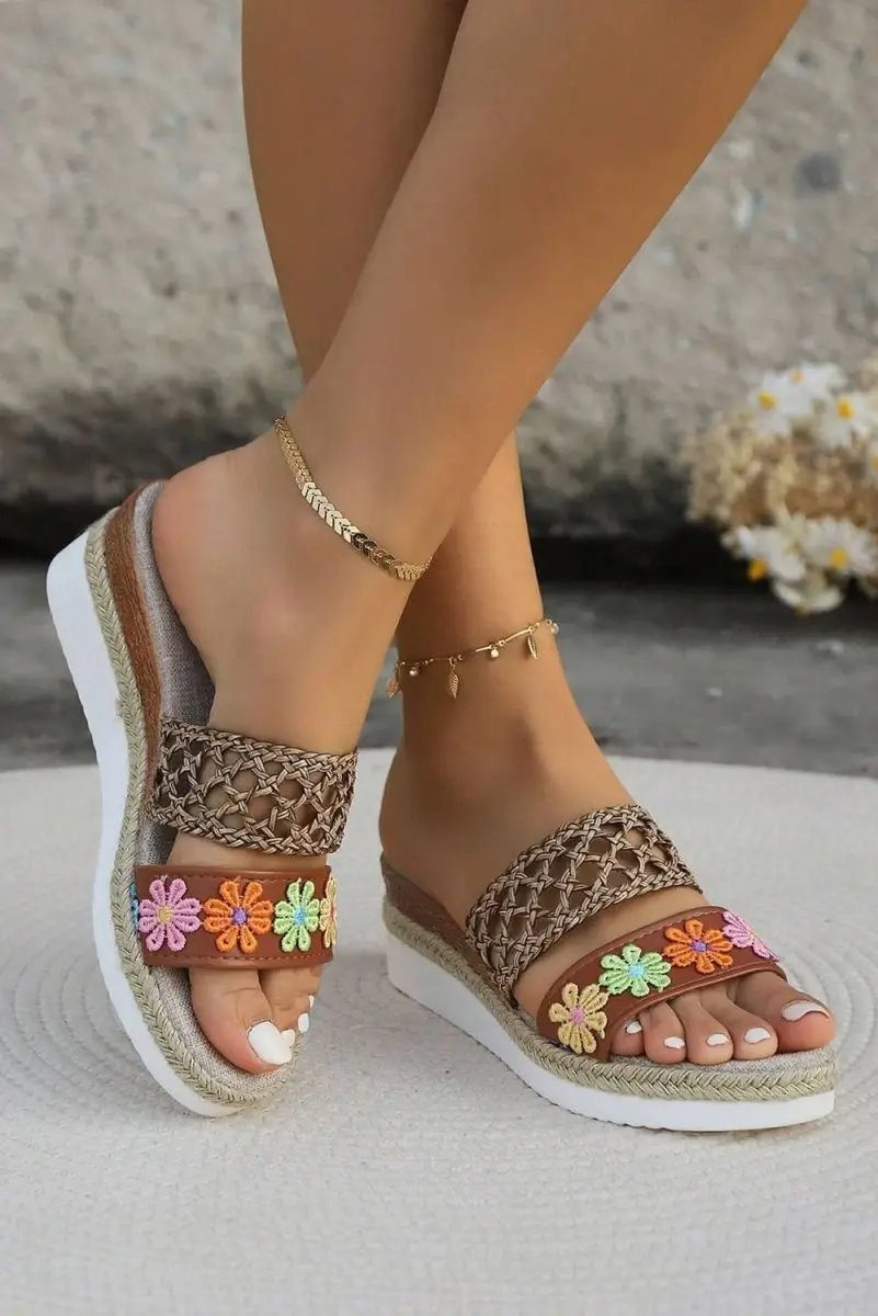 Love Salve White Floral Wedges Women's Summer Casual Slippers - Braided Detail, Vacation Ready