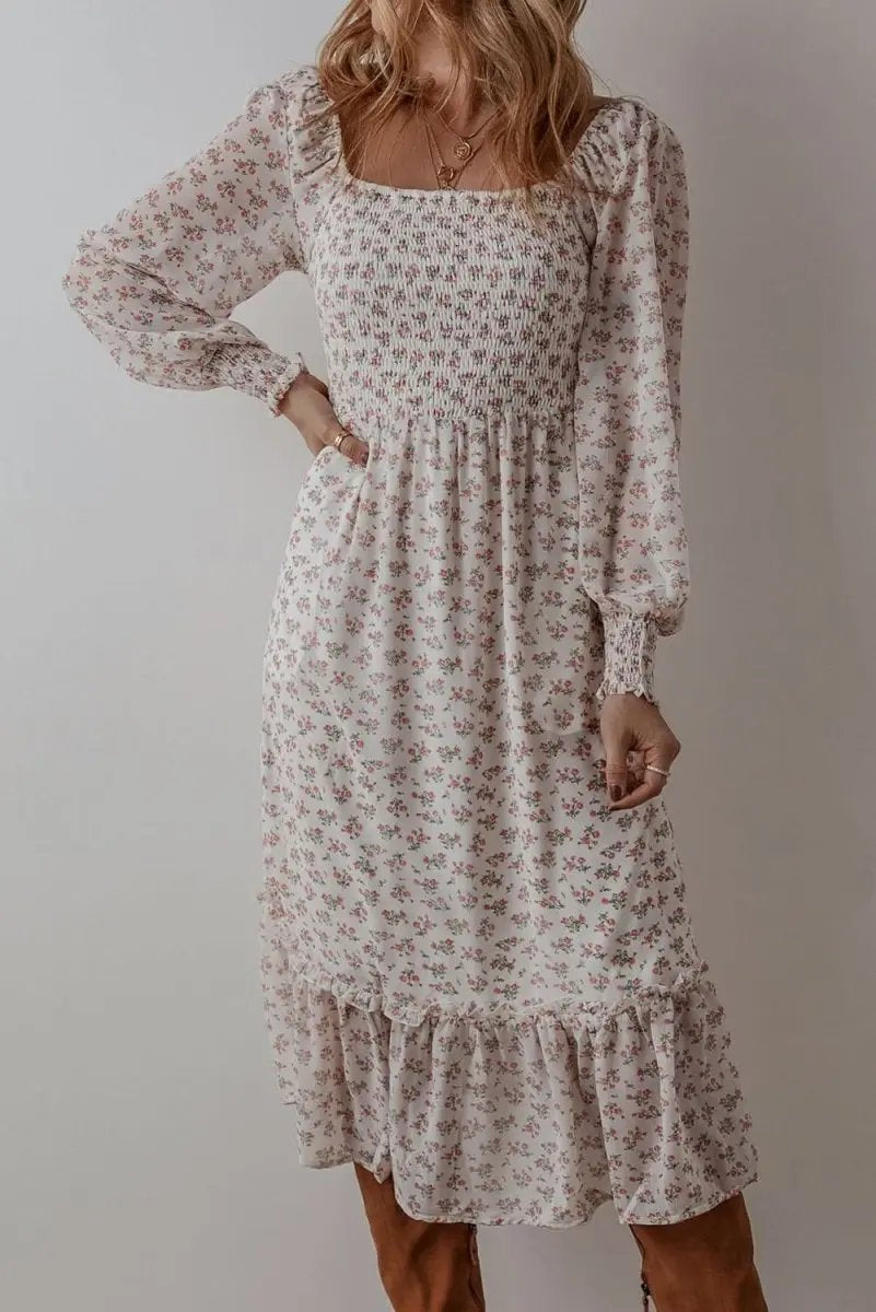 Love Salve White Floral Midi Dress Women's Wedding Guest Dress Ruffled Smocked