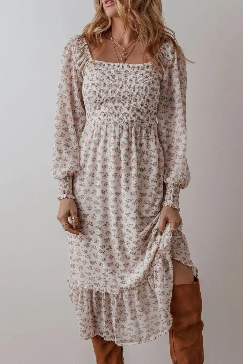 Love Salve White Floral Midi Dress Women's Wedding Guest Dress Ruffled Smocked