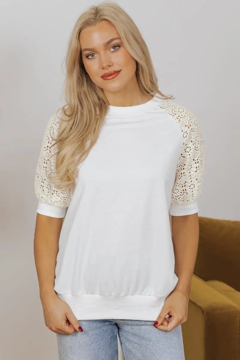 Love Salve White Lace Crochet Women's Tee Daily Elegant T-Shirt Breathable, Summer