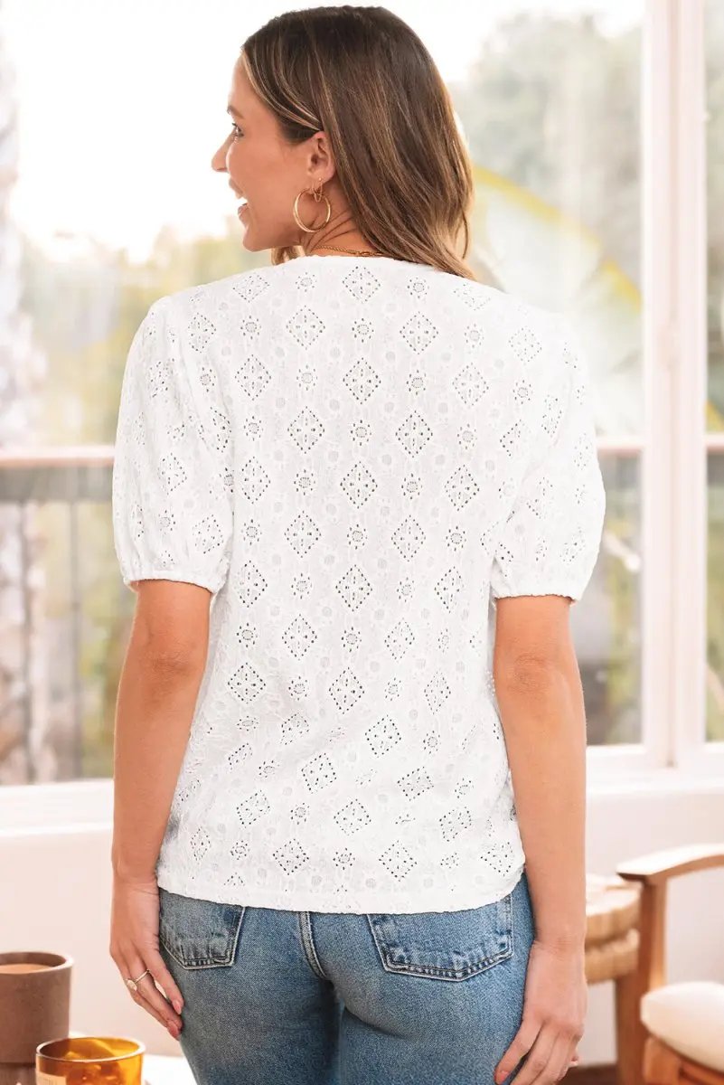 Love Salve White Lace Top Women's Daily Bohemian Button Up Blouse - Puff Sleeve