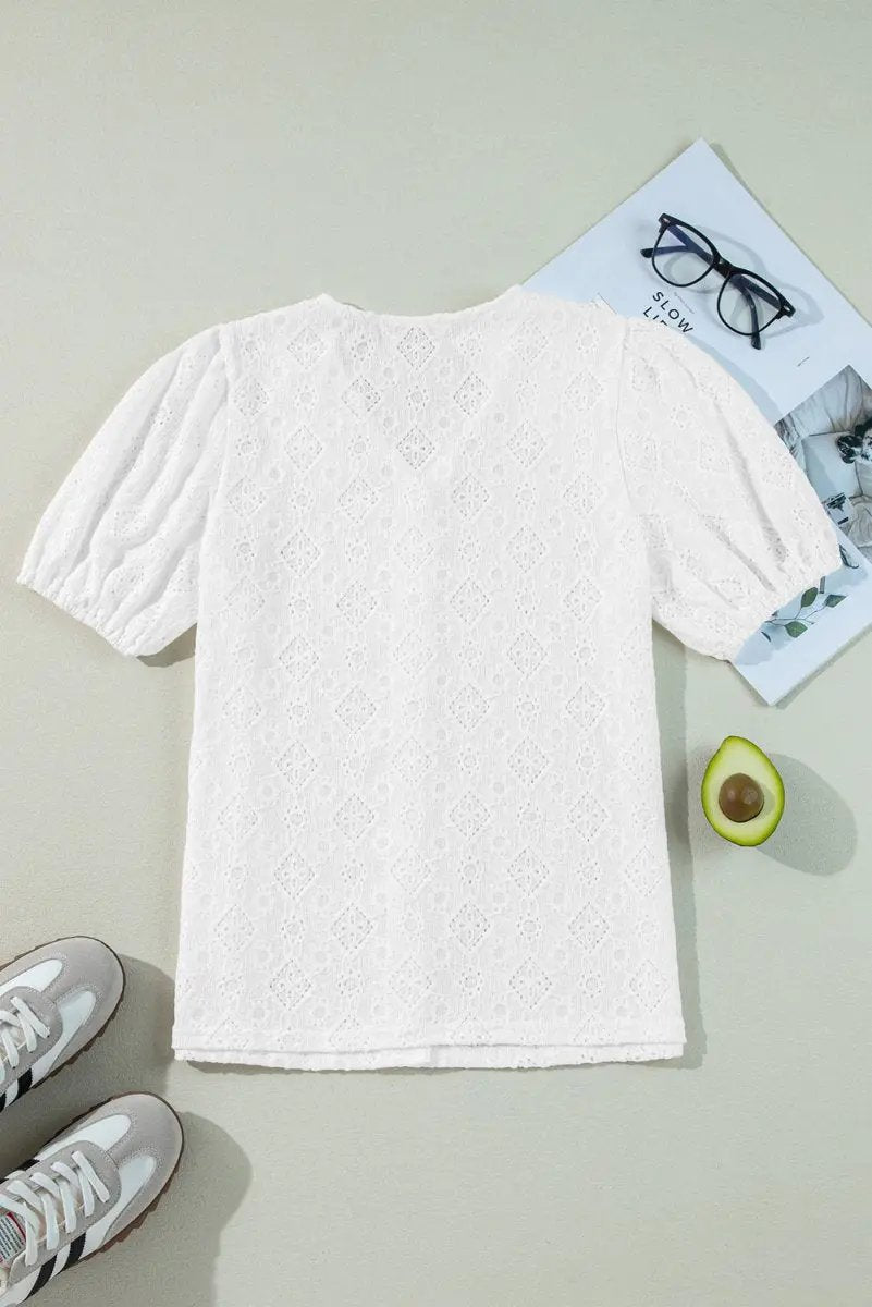 Love Salve White Lace Top Women's Daily Bohemian Button Up Blouse - Puff Sleeve