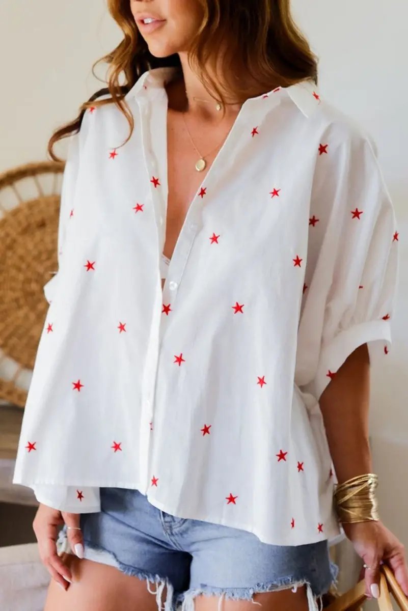 Love Salve White Star Print Shirt Women's Summer Casual Top Loose Fit