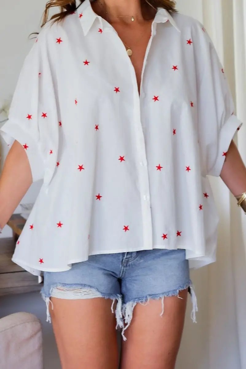 Love Salve White Star Print Shirt Women's Summer Casual Top Loose Fit