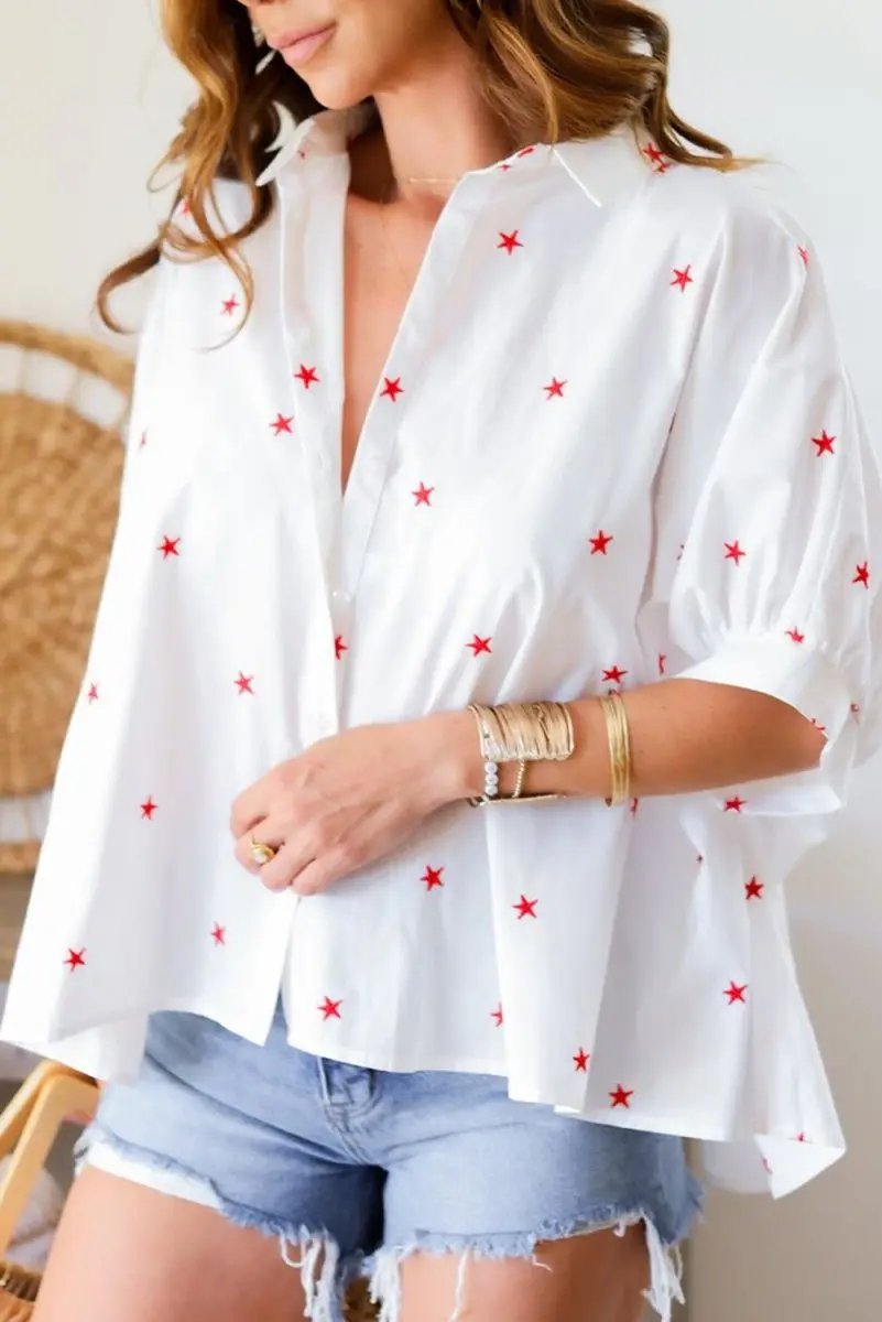 Love Salve White Star Print Shirt Women's Summer Casual Top Loose Fit
