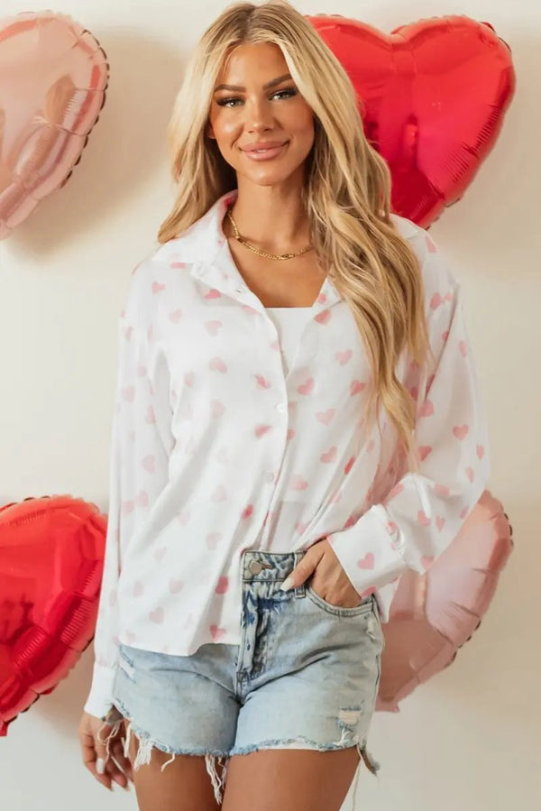 Love Salve White Heart Print Women's Satin Top Elegant Blouse Puff Sleeve