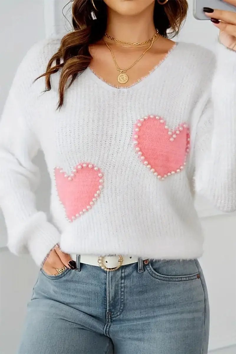 Love Salve White Pearl Heart Sweater Women's Valentine's Day Fuzzy V-Neck Knit Top