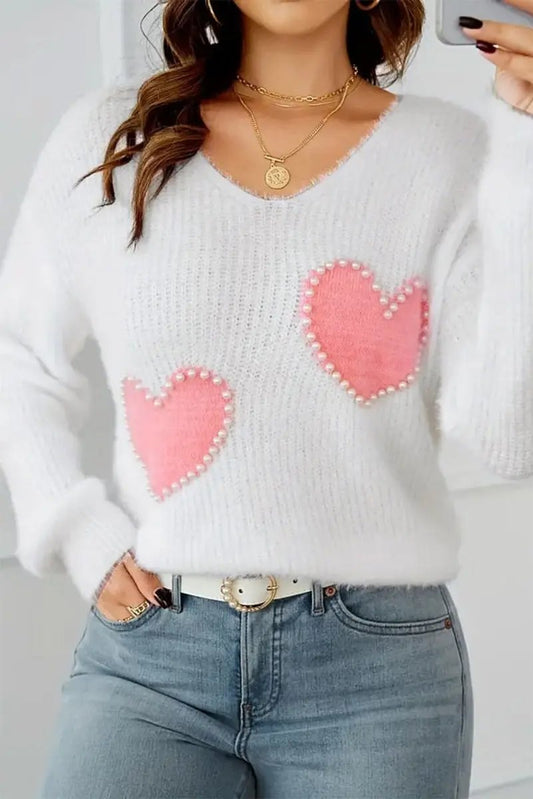 Love Salve White Pearl Heart Sweater Women's Valentine's Day Fuzzy V-Neck Knit Top