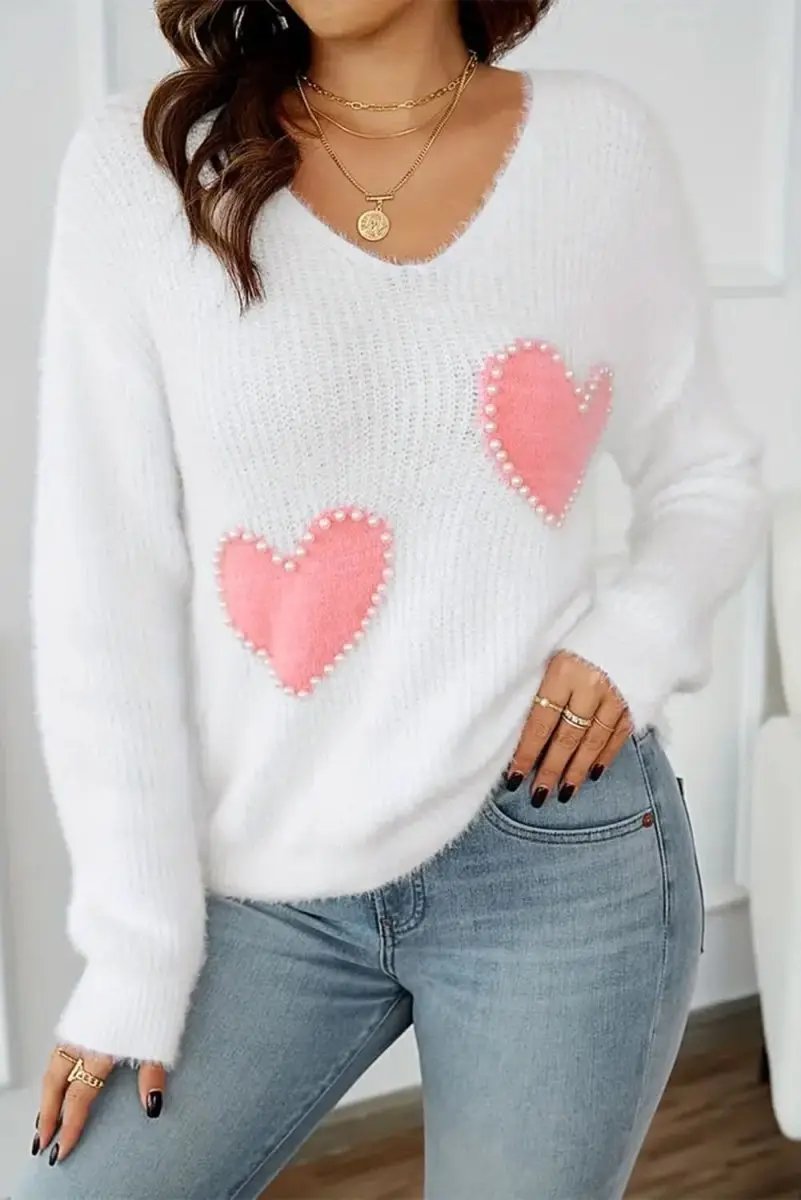 Love Salve White Pearl Heart Sweater Women's Valentine's Day Fuzzy V-Neck Knit Top
