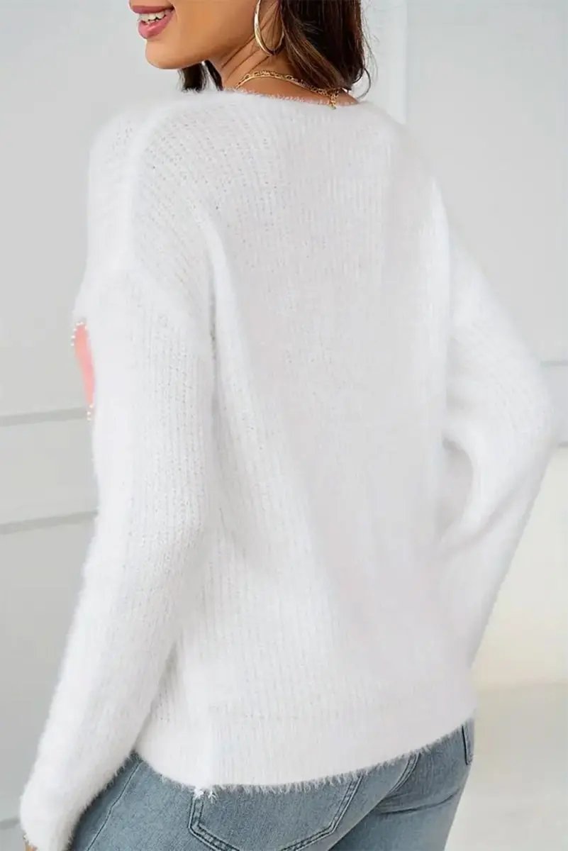 Love Salve White Pearl Heart Sweater Women's Valentine's Day Fuzzy V-Neck Knit Top