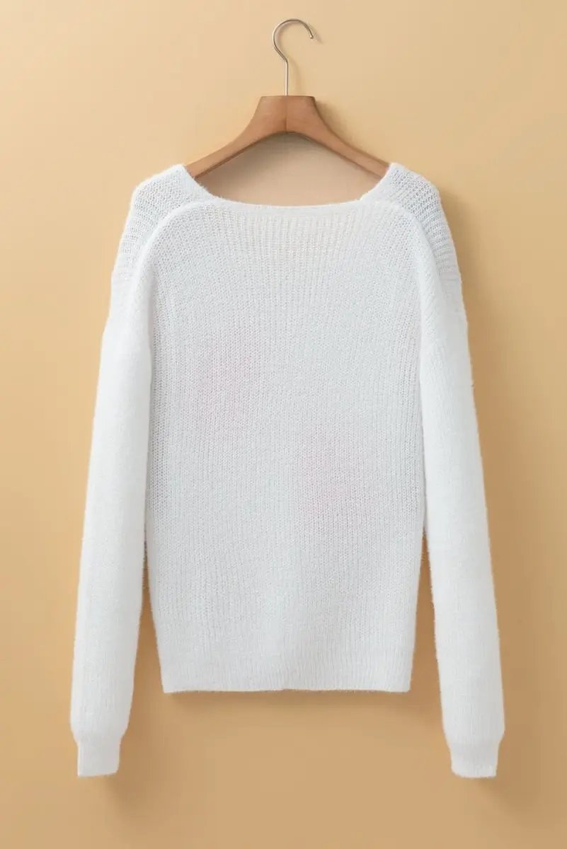 Love Salve White Pearl Heart Sweater Women's Valentine's Day Fuzzy V-Neck Knit Top
