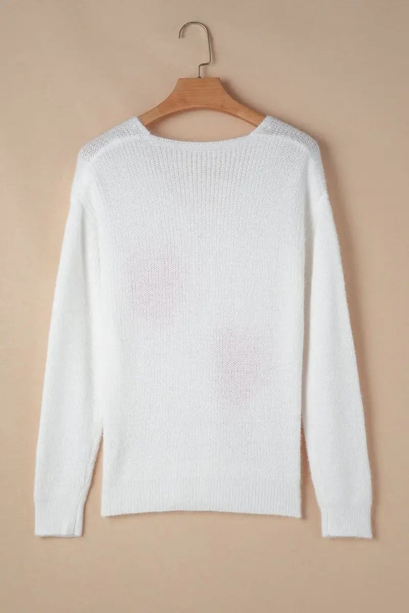 Love Salve White Pearl Heart Sweater Women's Valentine's Day Fuzzy V-Neck Knit Top