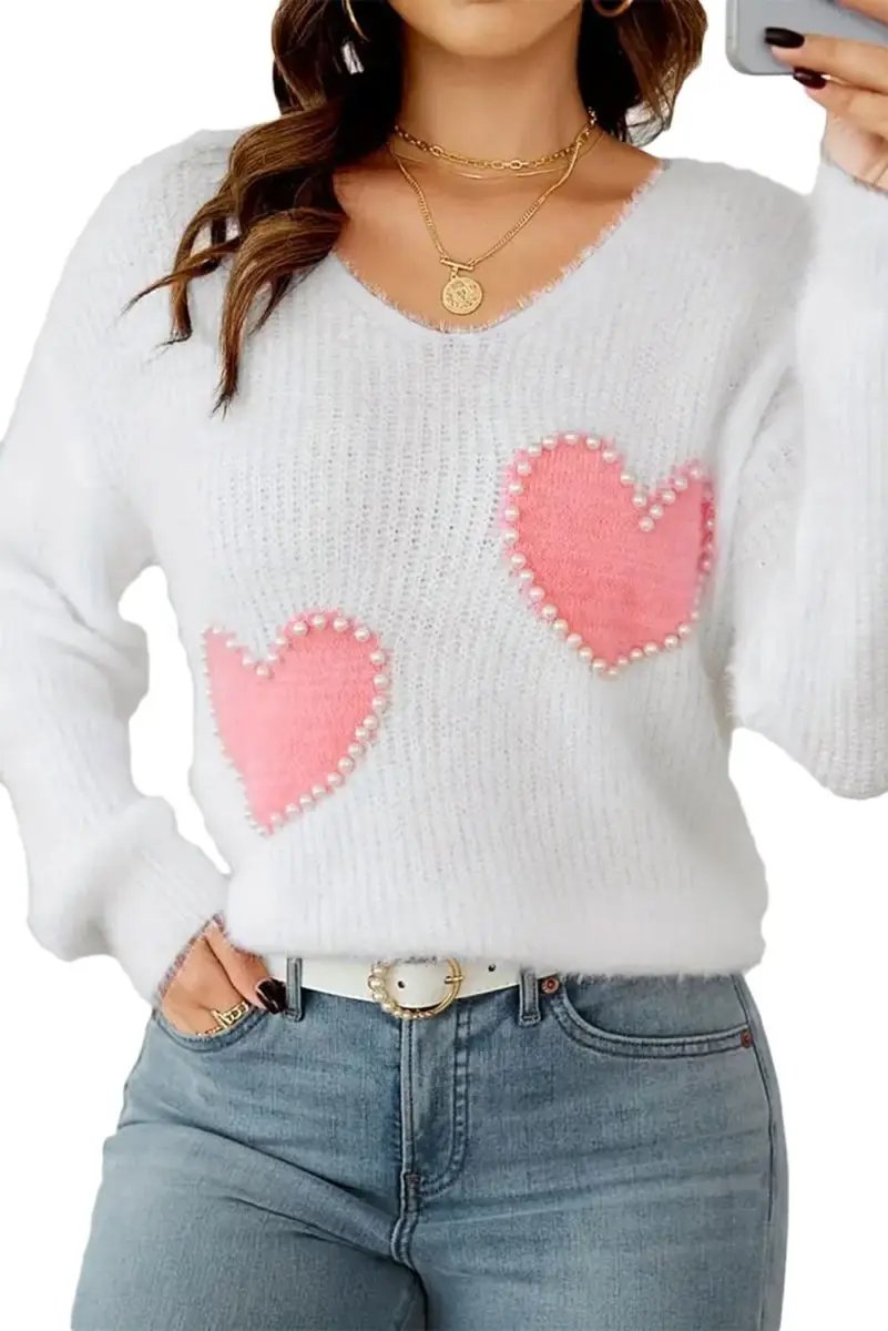 Love Salve White Pearl Heart Sweater Women's Valentine's Day Fuzzy V-Neck Knit Top