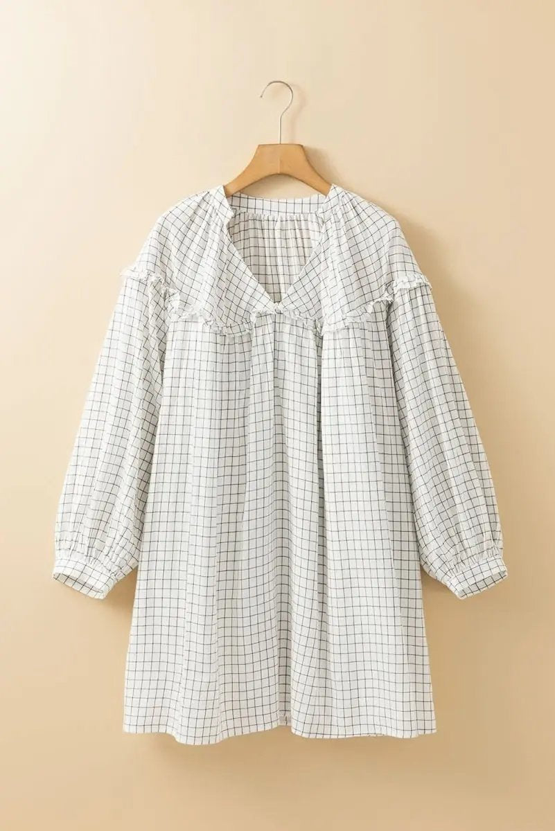 Love Salve Checkered Mini Dress Women's Spring Babydoll Dress Frilled V Neck Cute