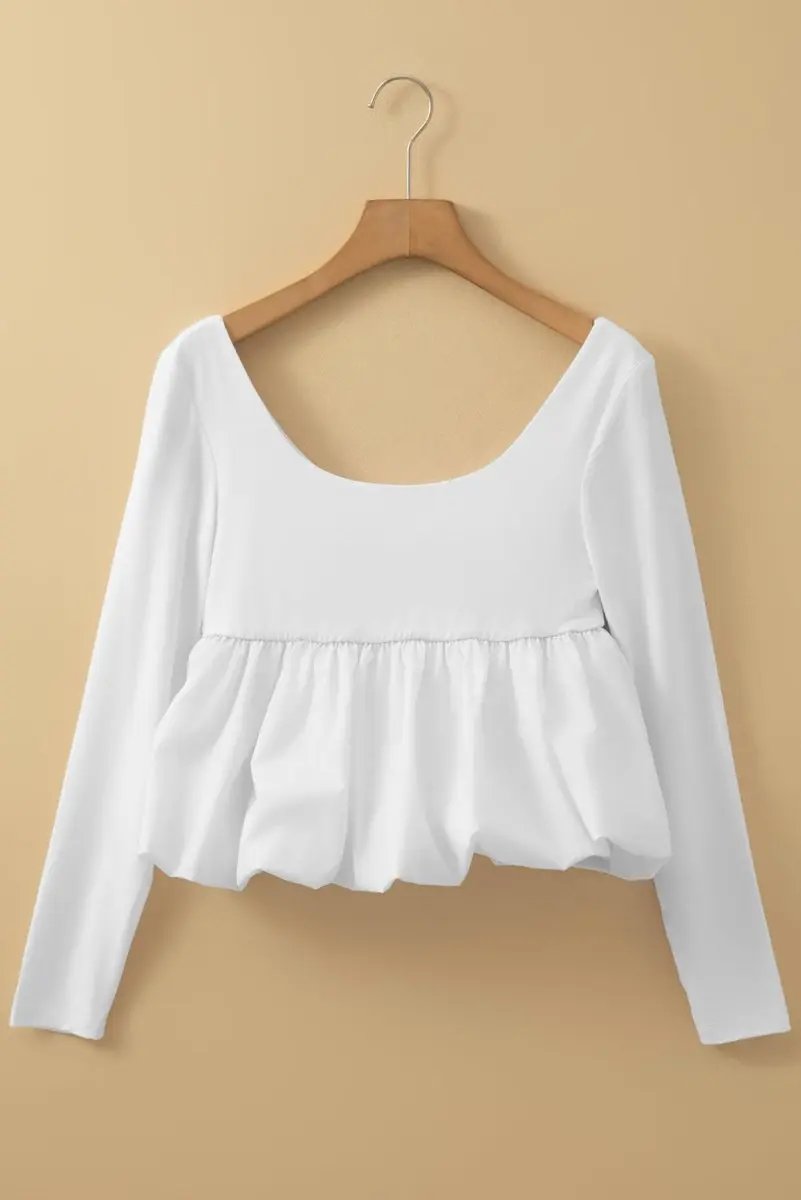 Love Salve White U-Neck Top Women's Daily Wear Blouse Elegant, Bubble Hem