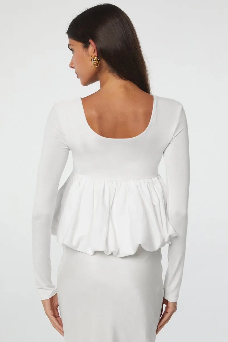 Love Salve White U-Neck Top Women's Daily Wear Blouse Elegant, Bubble Hem