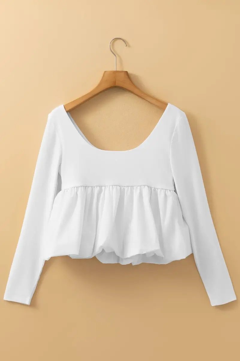 Love Salve White U-Neck Top Women's Daily Wear Blouse Elegant, Bubble Hem