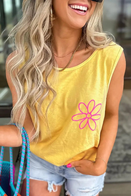 Tank Top - Yellow Floral - Summer Beach Casual Sleeveless