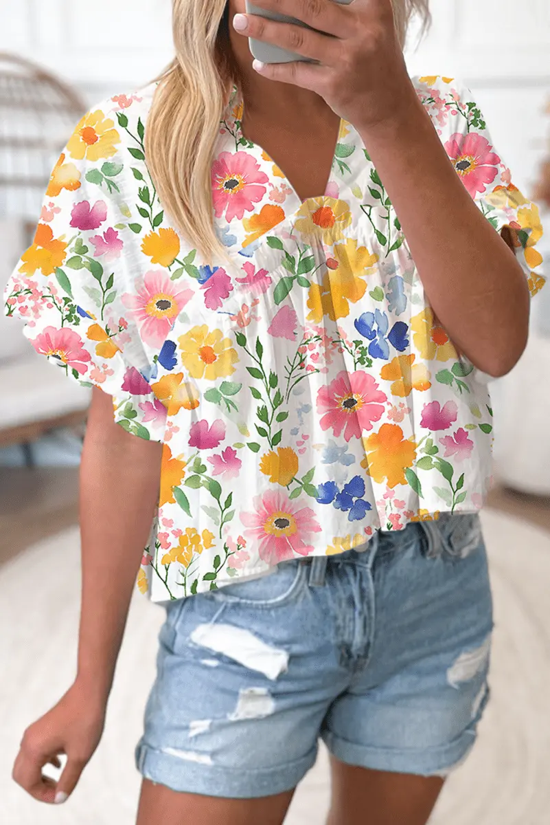 Love Salve Yellow Floral Blouse Women's Daily V-Neck Ruffle Short Sleeve Top