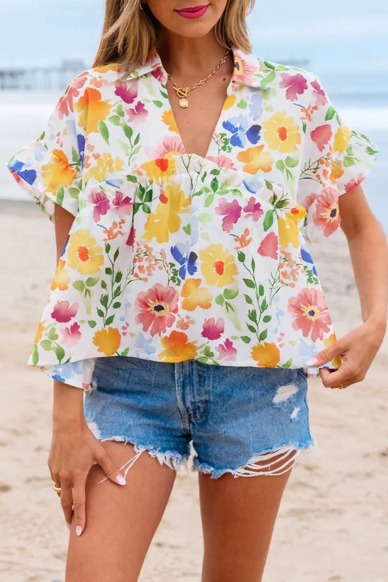 Love Salve Yellow Floral Blouse Women's Daily V-Neck Ruffle Short Sleeve Top