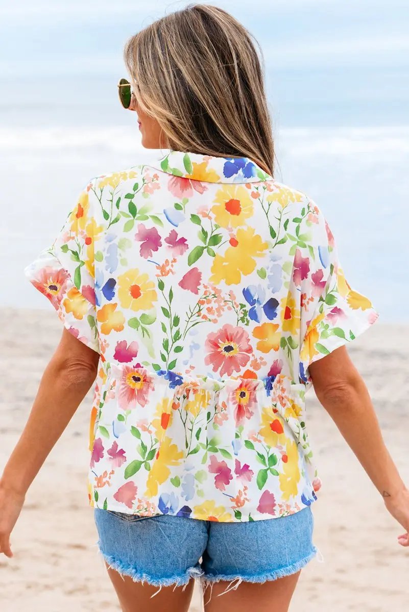 Love Salve Yellow Floral Blouse Women's Daily V-Neck Ruffle Short Sleeve Top
