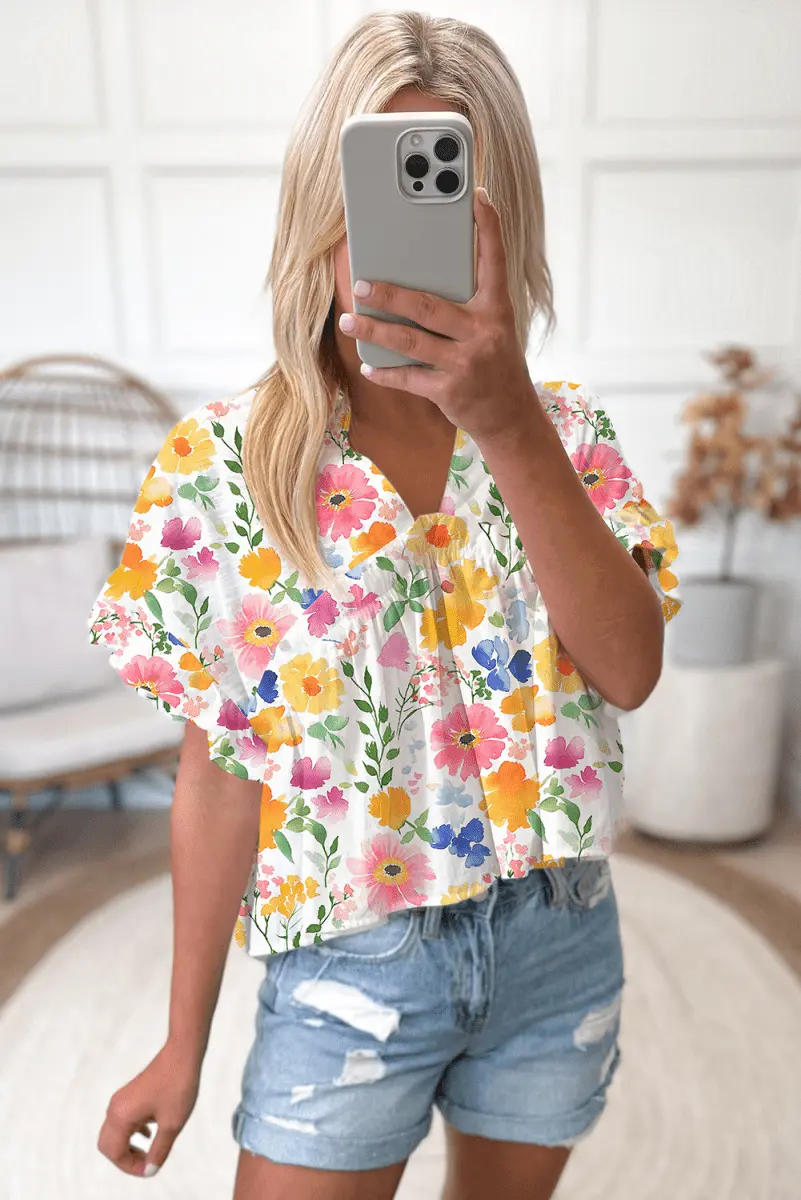 Love Salve Yellow Floral Blouse Women's Daily V-Neck Ruffle Short Sleeve Top