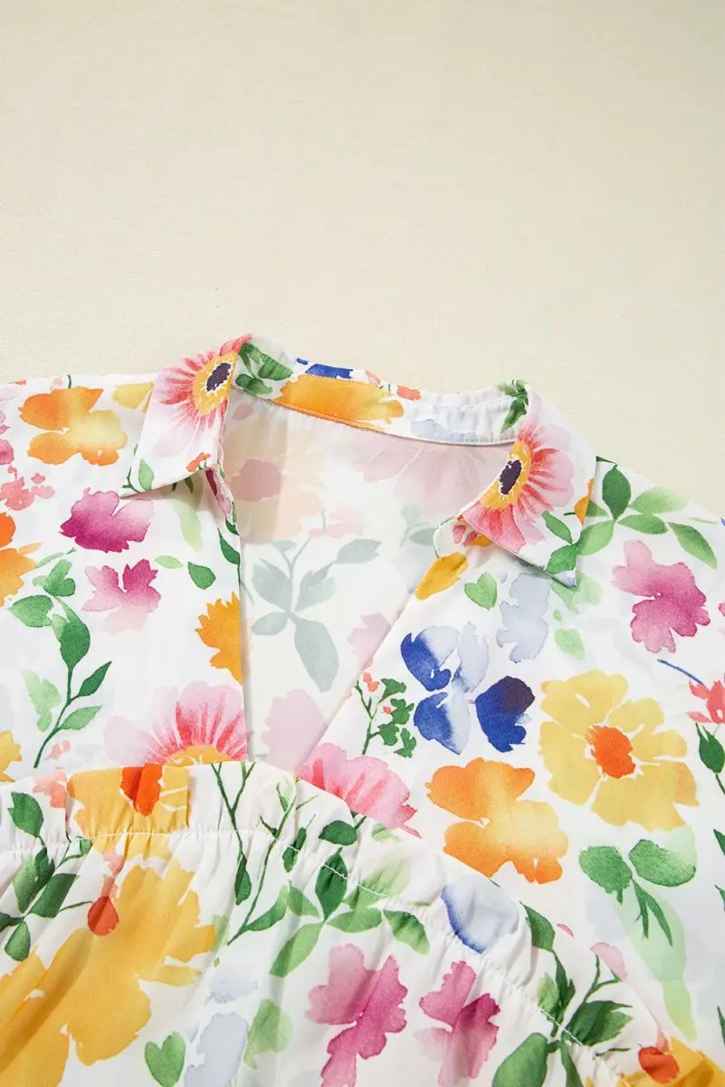 Love Salve Yellow Floral Blouse Women's Daily V-Neck Ruffle Short Sleeve Top