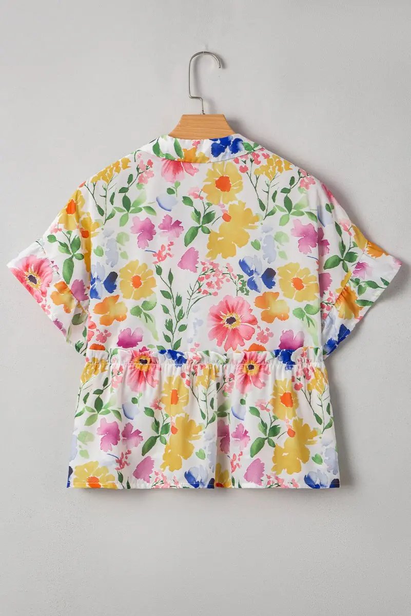 Love Salve Yellow Floral Blouse Women's Daily V-Neck Ruffle Short Sleeve Top