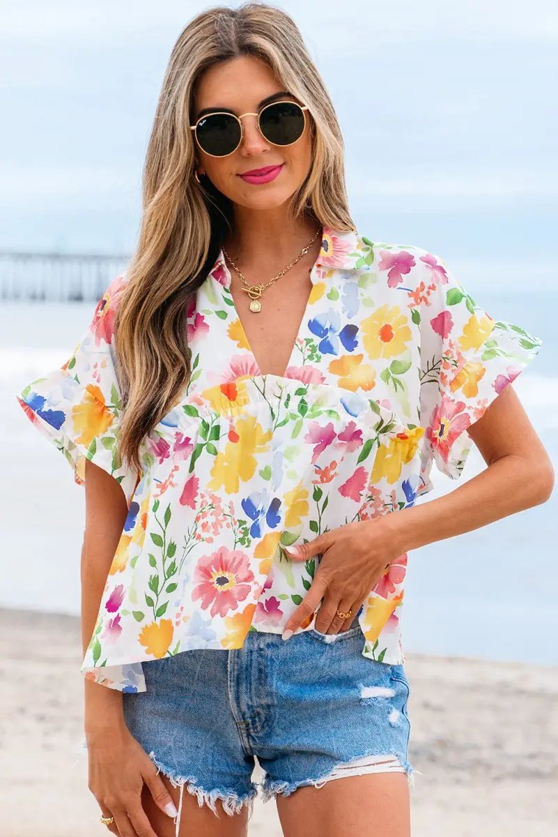 Love Salve Yellow Floral Blouse Women's Daily V-Neck Ruffle Short Sleeve Top