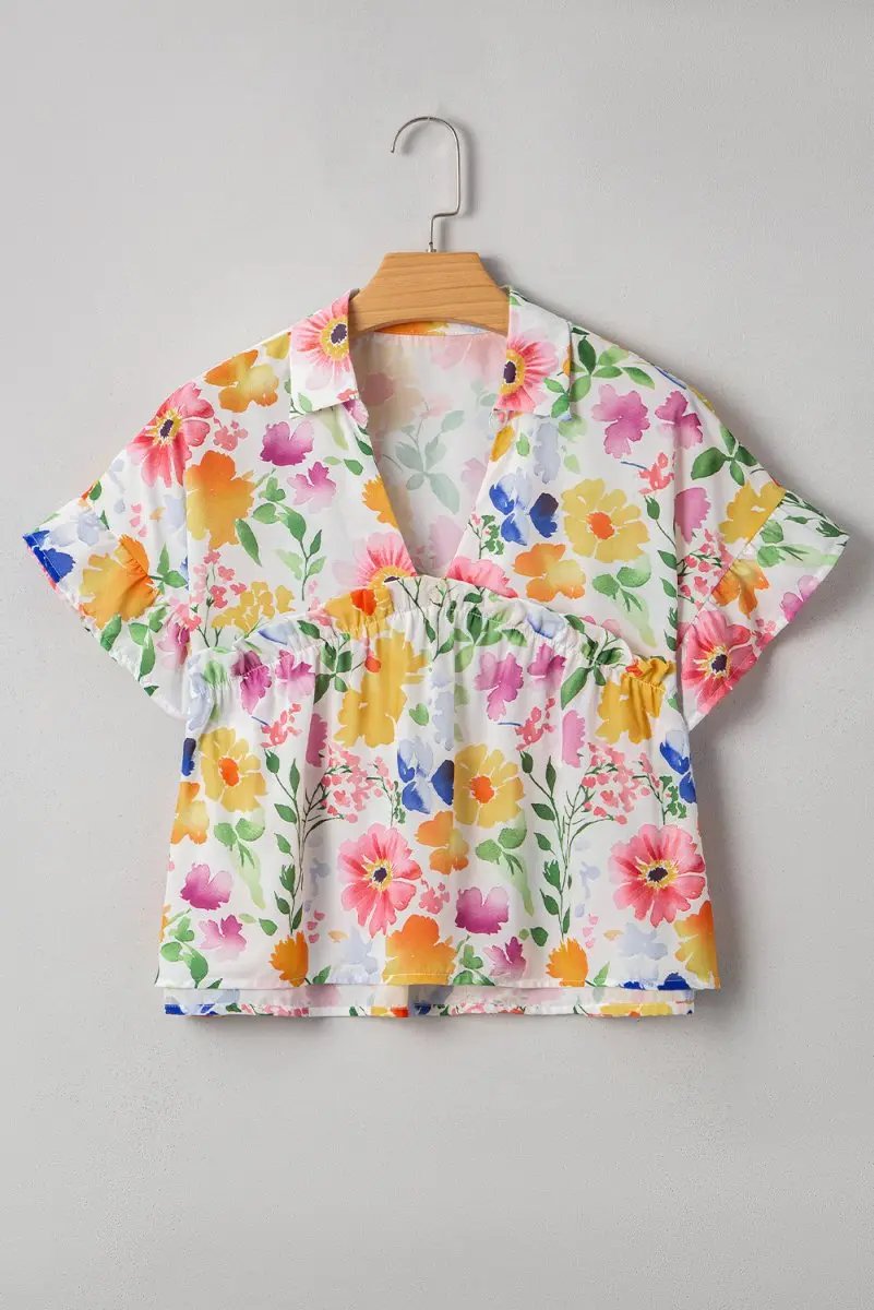 Love Salve Yellow Floral Blouse Women's Daily V-Neck Ruffle Short Sleeve Top