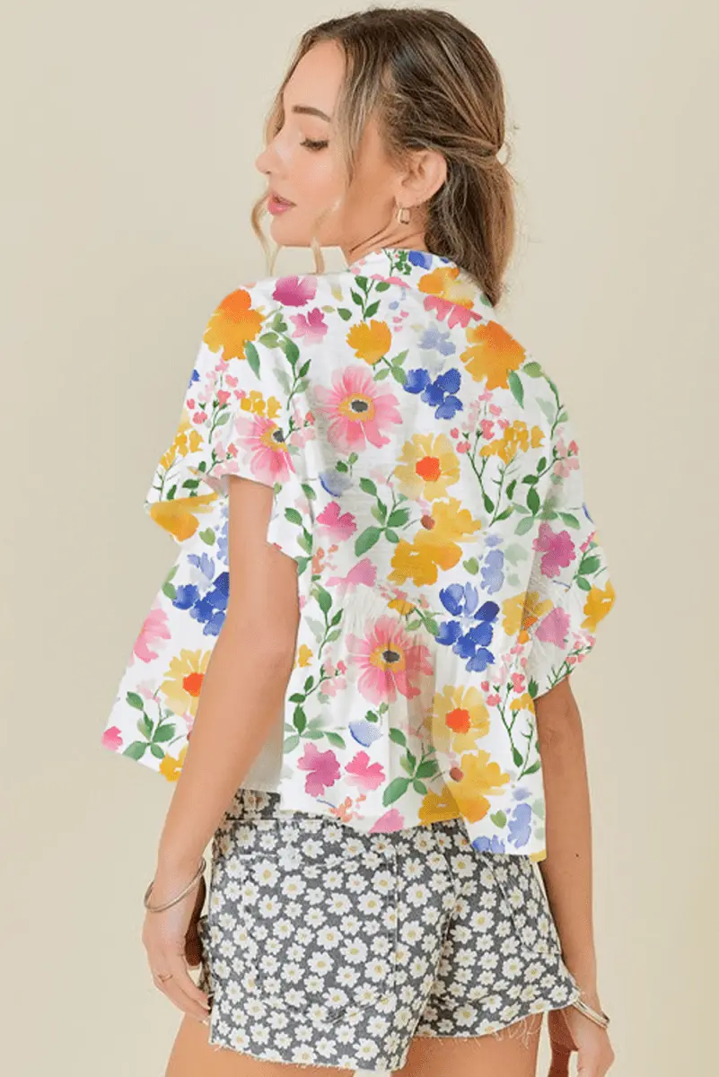 Love Salve Yellow Floral Blouse Women's Daily V-Neck Ruffle Short Sleeve Top