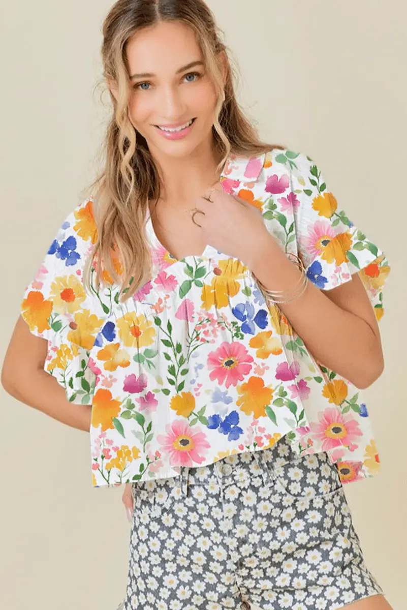 Love Salve Yellow Floral Blouse Women's Daily V-Neck Ruffle Short Sleeve Top