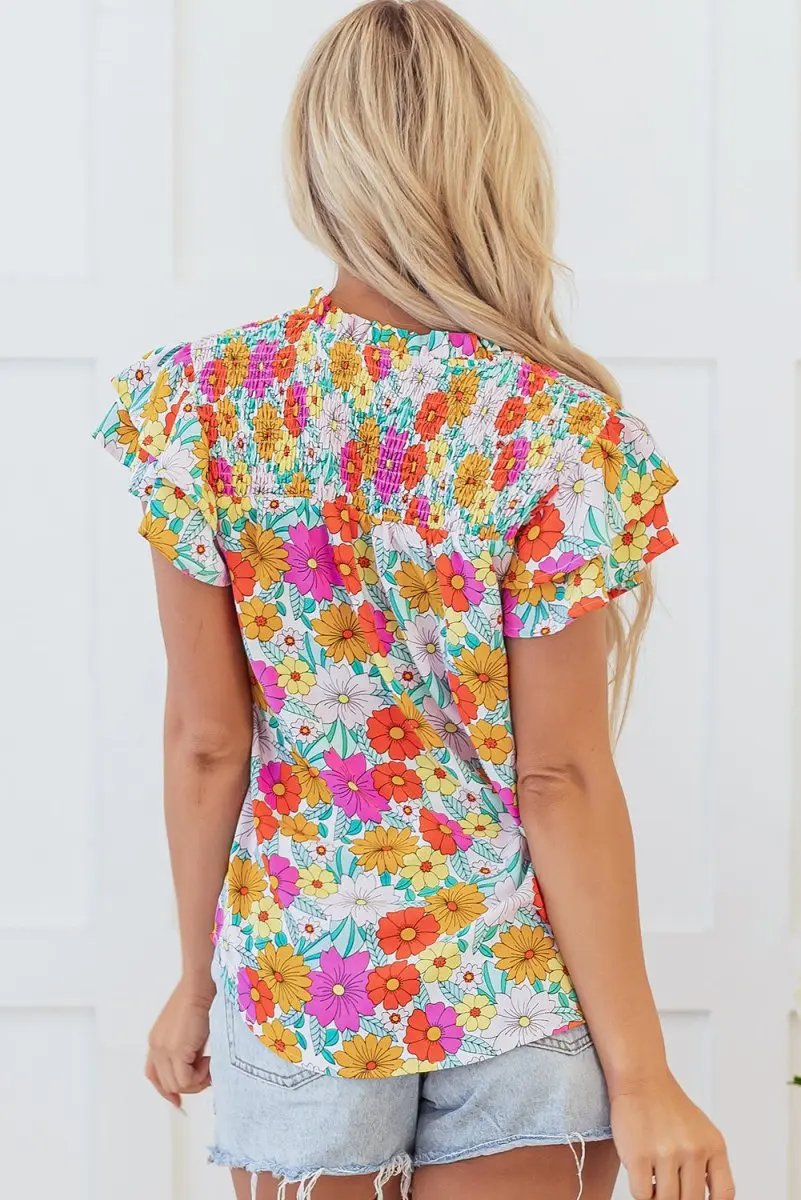 Love Salve Yellow Floral Blouse Daily Wear Women's Top Shirred Ruffle Sleeve Southern Belle
