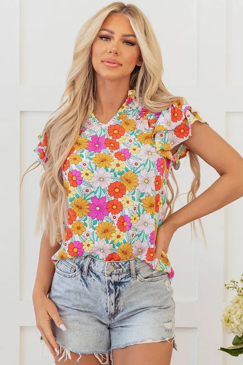 Love Salve Yellow Floral Blouse Daily Wear Women's Top Shirred Ruffle Sleeve Southern Belle