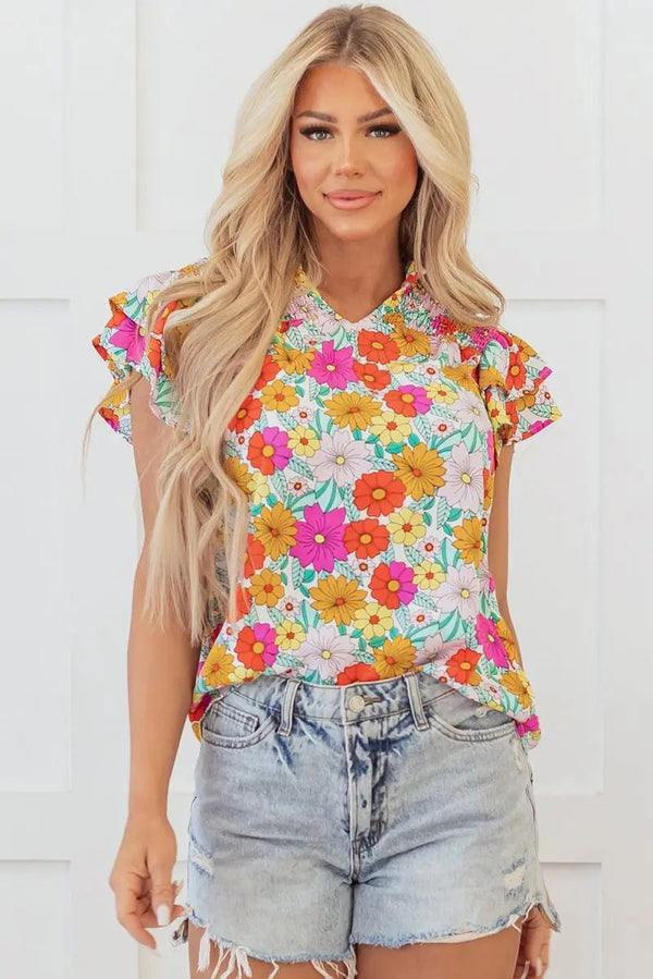 Love Salve Yellow Floral Blouse Daily Wear Women's Top Shirred Ruffle Sleeve Southern Belle