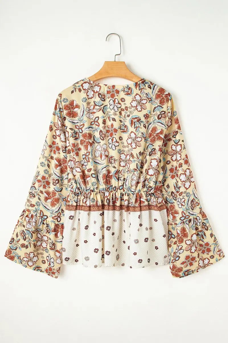 Women's Blouse - V Neck & Bell Sleeves - Floral Bohemian Top