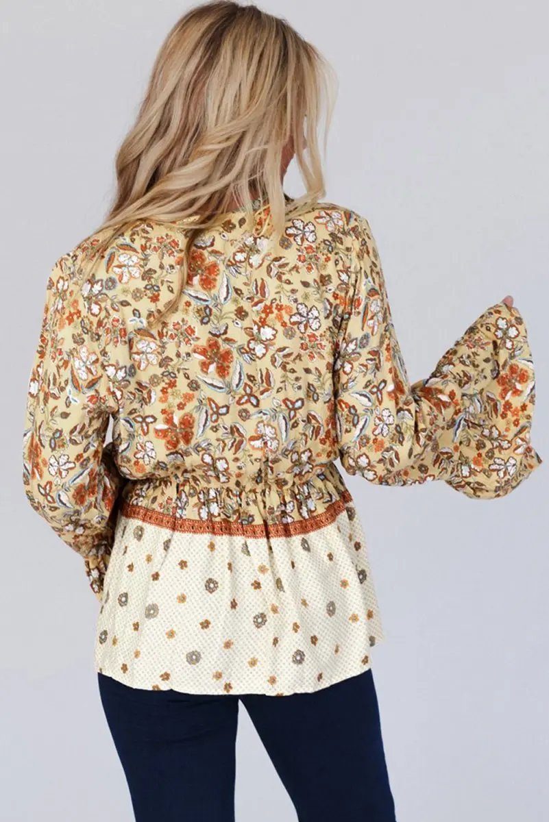 Women's Blouse - V Neck & Bell Sleeves - Floral Bohemian Top
