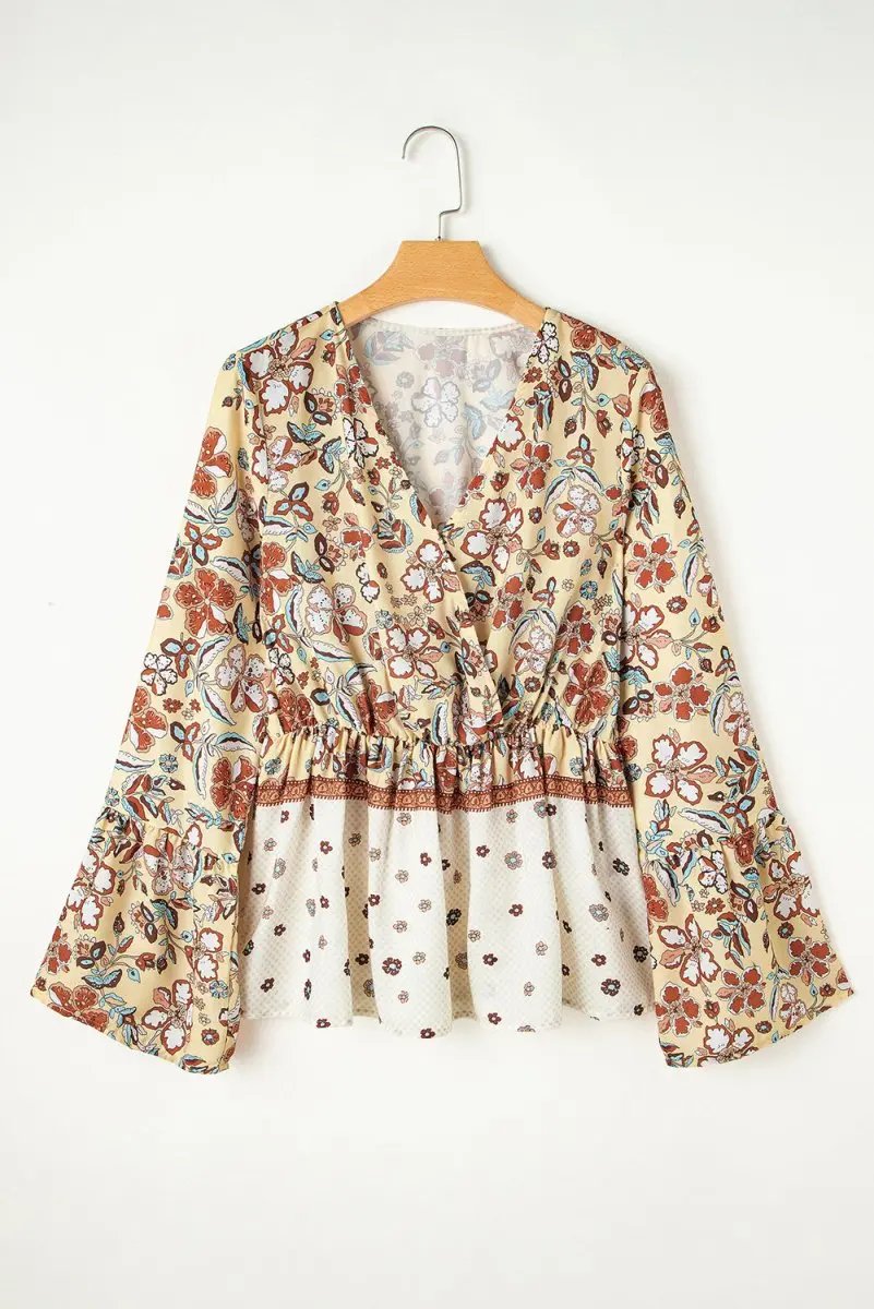 Women's Blouse - V Neck & Bell Sleeves - Floral Bohemian Top